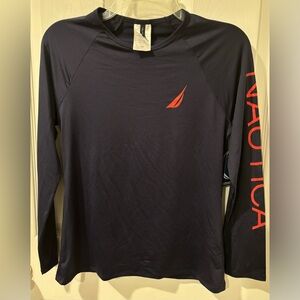 Nautica rash-guard with 30 SPF. Navy blue with red logo down sleeve.